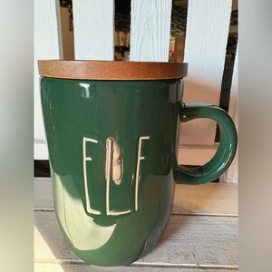 Rae Dunn ELF Green Ceramic Mug with Wooden Lid